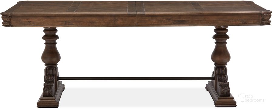 The appearance of Durango Trestle Dining Table designed by Magnussen in the transitional interior design. This brown piece of furniture  was selected by 1StopBedrooms from Durango Collection to add a touch of cosiness and style into your home. Sku: D5133-21B;D5133-21T. Product Type: Dining Table. Material: Pine. Size: 81". Image1