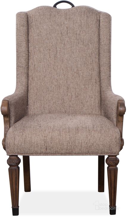 The appearance of Durango Upholstered Host Arm Chair Set of 2 designed by Magnussen in the transitional interior design. This brown and beige piece of furniture  was selected by 1StopBedrooms from Durango Collection to add a touch of cosiness and style into your home. Sku: D5133-76. Product Type: Arm Chair. Material: Pine. Image1