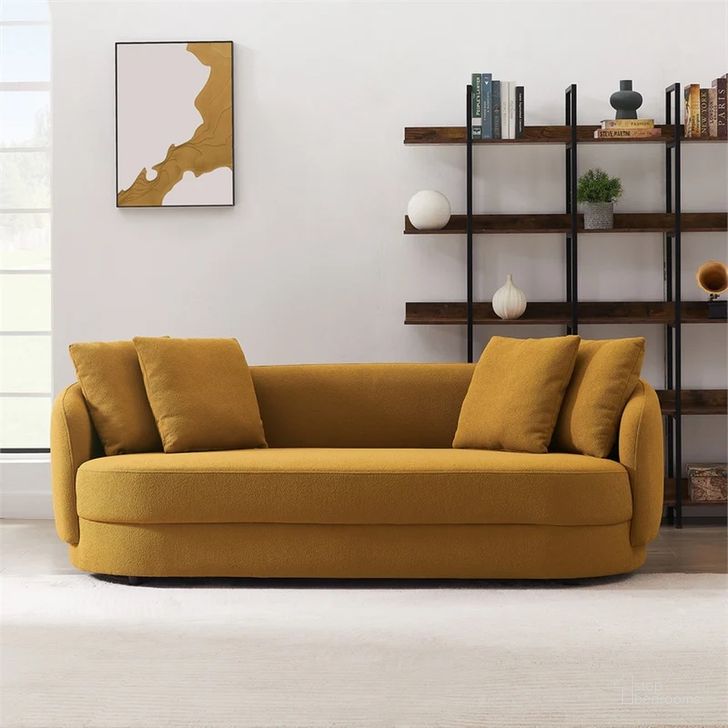 The appearance of Dylan Yellow Boucle Sofa designed by Ashcroft Furniture in the transitional interior design. This yellow piece of furniture  was selected by 1StopBedrooms from Dylan Collection to add a touch of cosiness and style into your home. Sku: AFC00477. Material: Wood. Product Type: Sofa. Image1
