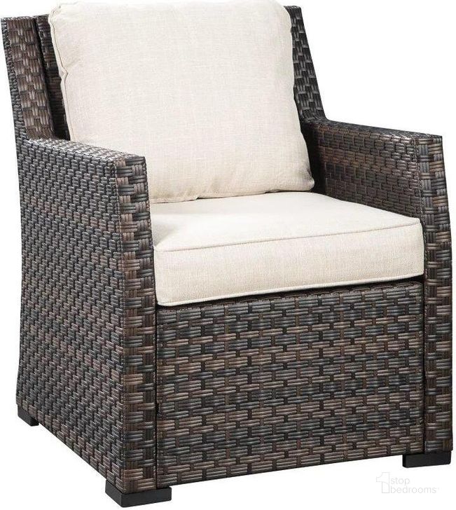 The appearance of Easy Isle Dark Brown And Beige Outdoor Lounge Chair designed by Signature Design by Ashley in the transitional interior design. This beige and dark brown piece of furniture  was selected by 1StopBedrooms from Easy Isle Collection to add a touch of cosiness and style into your home. Sku: P455-820. Product Type: Outdoor Chair. Image1