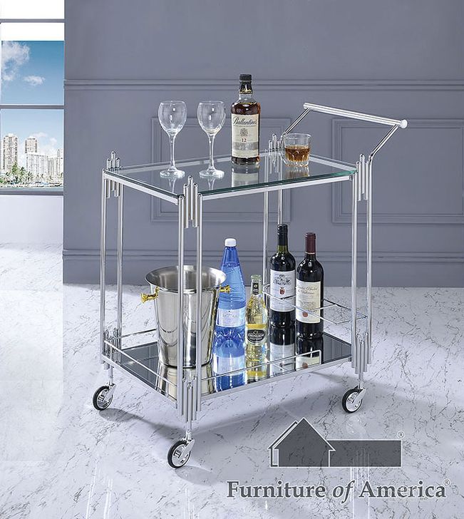 The appearance of Ebba Silver Serving Cart designed by Furniture of America in the modern / contemporary interior design. This silver piece of furniture  was selected by 1StopBedrooms from Ebba Collection to add a touch of cosiness and style into your home. Sku: CM-AC537. Material: Metal. Product Type: Serving Cart. Image1