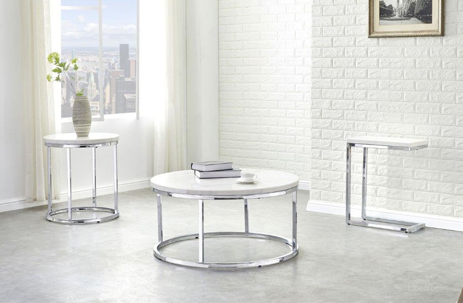 The appearance of Echo White And Chrome Round Occasional Table Set designed by Steve Silver in the transitional interior design. This white and chrome piece of furniture  was selected by 1StopBedrooms from Echo Collection to add a touch of cosiness and style into your home. Sku: EC100WC;EC100WEC. Material: Marble. Product Type: Occasional Table Set. Image1