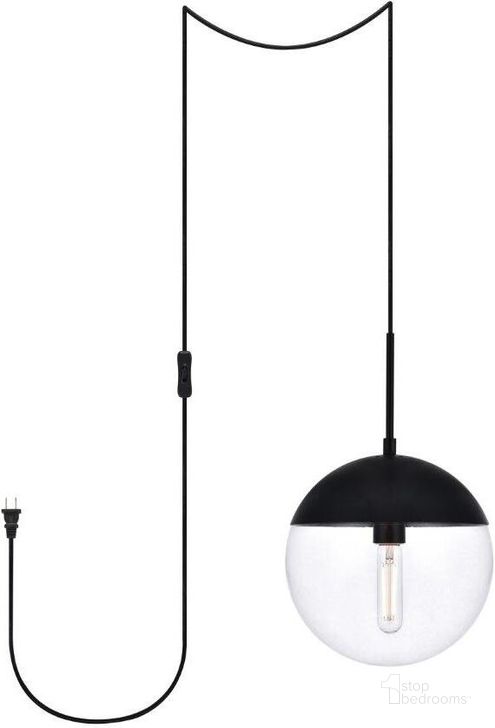 The appearance of Eclipse 1 Light Black Plug In Pendant With Clear Glass LDPG6033BK designed by Elegant Lighting in the transitional interior design. This black piece of furniture  was selected by 1StopBedrooms from Eclipse Collection to add a touch of cosiness and style into your home. Sku: LDPG6033BK. Product Type: Pendant Lighting. Material: Iron. Image1