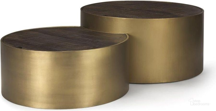 The appearance of Eclipse 36 Inch And 32 Inch Round Brown Solid Wood Top Gold Metal Base Nesting Coffee Tables Set of 2 designed by Mercana in the modern / contemporary interior design. This brown piece of furniture  was selected by 1StopBedrooms from Eclipse Collection to add a touch of cosiness and style into your home. Sku: 67828. Material: Wood. Product Type: Nesting Table. Image1