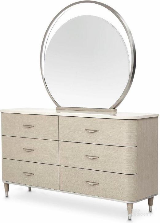 The appearance of Eclipse Dresser With Mirror In Moonlight designed by AICO in the modern / contemporary interior design. This moonlight piece of furniture  was selected by 1StopBedrooms from Eclipse Collection to add a touch of cosiness and style into your home. Sku: KI-ECLP050-135;KI-ECLP260-135. Product Type: Dresser. Material: Rubberwood. Image1