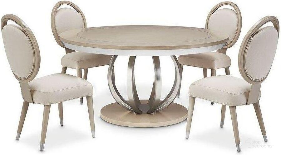 The appearance of Eclipse Moonlight Round Dining Room Set designed by AICO in the modern / contemporary interior design. This moonlight piece of furniture  was selected by 1StopBedrooms from Eclipse Collection to add a touch of cosiness and style into your home. Sku: KI-ECLP001B-135;KI-ECLP001T-135;KI-ECLP003-135. Table Base Style: Pedestal. Table Top Shape: Round. Product Type: Dining Room Set. Material: Rubberwood. Size: 60". Image1