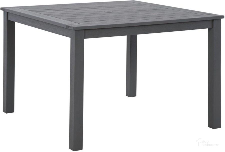 The appearance of Eden Town Gray Square Dining Table W/Umb Opt designed by Signature Design by Ashley in the transitional interior design. This gray piece of furniture  was selected by 1StopBedrooms from Eden Town Collection to add a touch of cosiness and style into your home. Sku: P358-615. Material: Wood. Product Type: Outdoor Dining Table. Image1