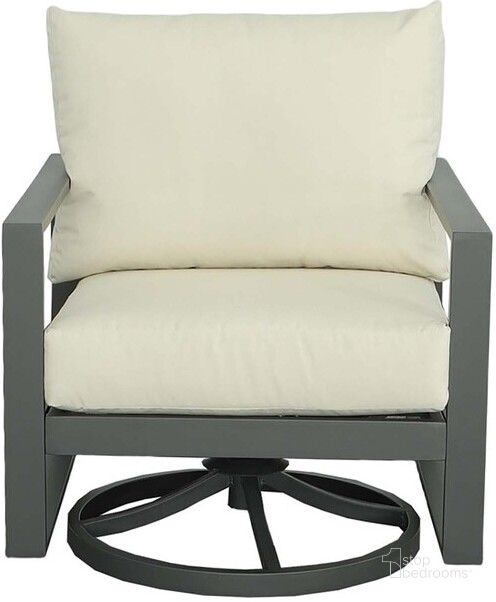 The appearance of Edgewater Outdoor Swivel Frame and Cushions In Gray and Beige designed by Progressive Furniture in the transitional interior design. This gray and beige piece of furniture  was selected by 1StopBedrooms from Edgewater Collection to add a touch of cosiness and style into your home. Sku: I732-SW;I701-CU. Material: Aluminum. Product Type: Outdoor Chair. Image1