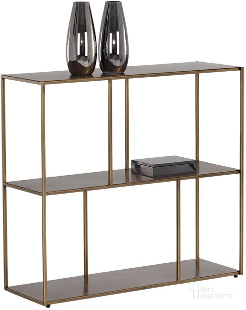 The appearance of Eiffel Medium Low Bookcase In Antique Brass designed by Sunpan in the modern / contemporary interior design. This antique brass piece of furniture  was selected by 1StopBedrooms from Eiffel Collection to add a touch of cosiness and style into your home. Sku: 106602. Product Type: Bookcase. Material: Iron. Image1
