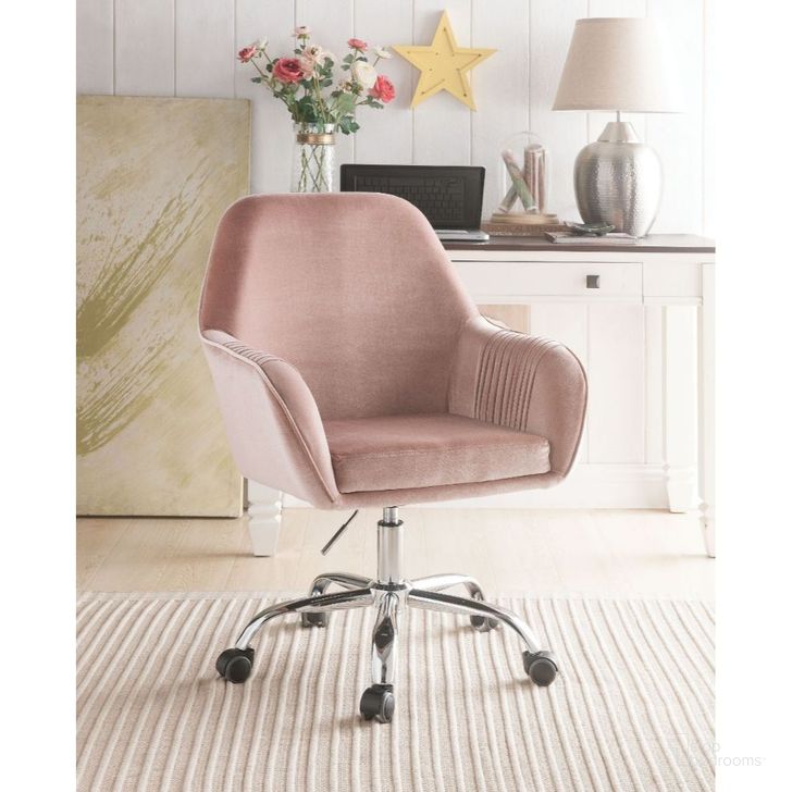 The appearance of Eimer Office Chair (Peach) designed by ACME in the modern / contemporary interior design. This medium color piece of furniture  was selected by 1StopBedrooms from Eimer Collection to add a touch of cosiness and style into your home. Sku: 92504. Material: Fabric. Product Type: Home Office Chair. Image1