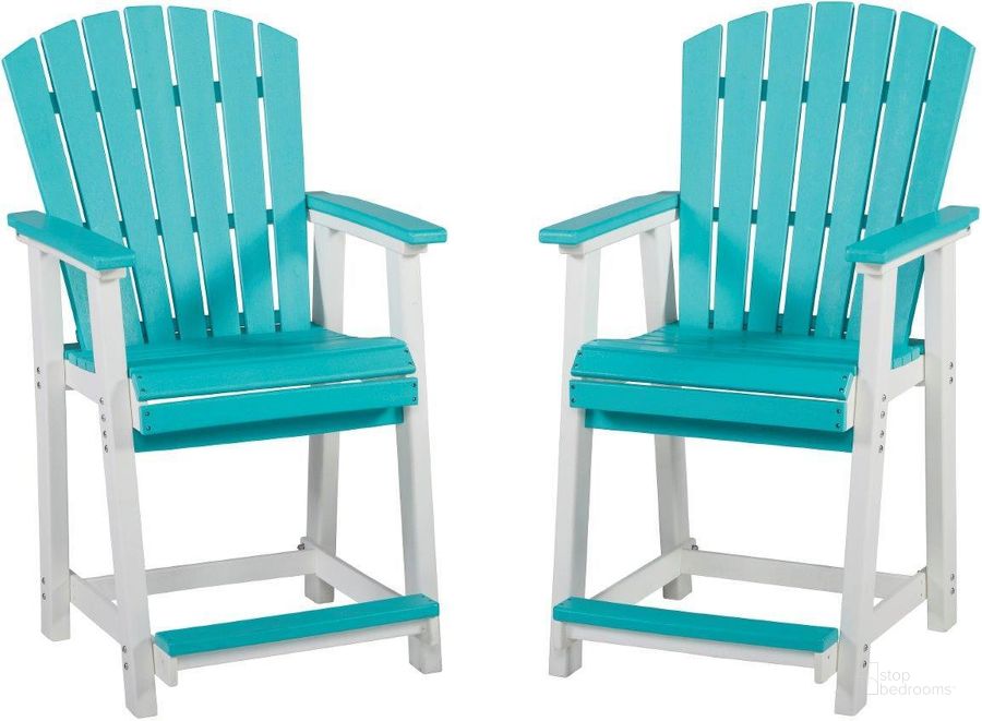 The appearance of Eisely Turquoise And White Outdoor Counter Height Bar Stool Set of 2 designed by Signature Design by Ashley in the transitional interior design. This turquoise/white piece of furniture  was selected by 1StopBedrooms from Eisely Collection to add a touch of cosiness and style into your home. Sku: P208-124. Product Type: Outdoor Bar Furniture. Image1