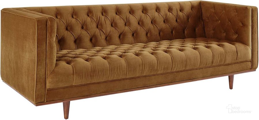 The appearance of Elation Tufted Performance Velvet Sofa In Cognac designed by Modway in the modern / contemporary interior design. This cognac piece of furniture  was selected by 1StopBedrooms from Elation Collection to add a touch of cosiness and style into your home. Sku: EEI-4722-COG. Product Type: Sofa. Material: Rubberwood. Image1