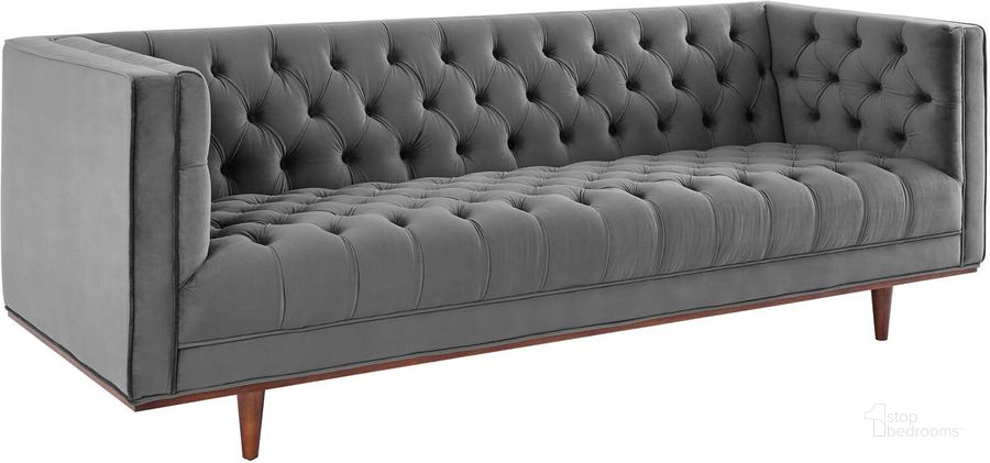 The appearance of Elation Tufted Performance Velvet Sofa In Gray designed by Modway in the modern / contemporary interior design. This gray piece of furniture  was selected by 1StopBedrooms from Elation Collection to add a touch of cosiness and style into your home. Sku: EEI-4722-GRY. Product Type: Sofa. Material: Rubberwood. Image1