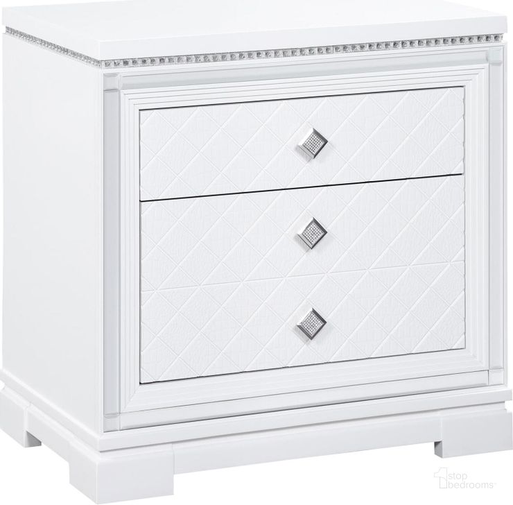 The appearance of Eleanor Rectangular 2-Drawer Nightstand In White designed by Coaster in the glam interior design. This white piece of furniture  was selected by 1StopBedrooms from Eleanor Collection to add a touch of cosiness and style into your home. Sku: 223562. Material: Wood. Product Type: Nightstand. Image1