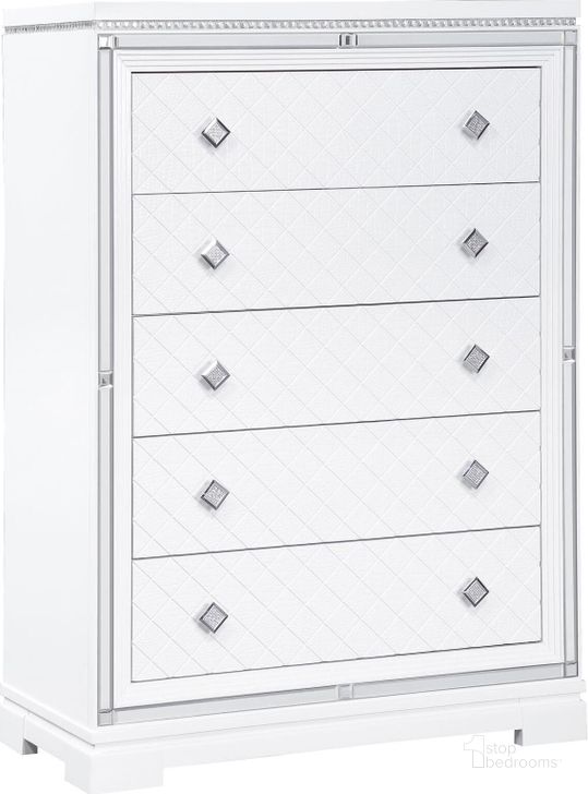 The appearance of Eleanor Rectangular 5-Drawer Chest In White designed by Coaster in the glam interior design. This white piece of furniture  was selected by 1StopBedrooms from Eleanor Collection to add a touch of cosiness and style into your home. Sku: 223565. Material: Wood. Product Type: Chest. Image1