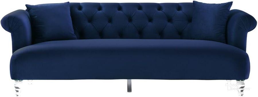 The appearance of Elegance Blue Velvet Sofa designed by Armen Living in the modern / contemporary interior design. This blue piece of furniture  was selected by 1StopBedrooms from Elegance Collection to add a touch of cosiness and style into your home. Sku: LCEG3BLUE. Product Type: Sofa. Material: Velvet. Image1