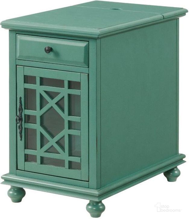 The appearance of Elegant Chairside Table With Power In Antique Teal designed by Martin Svensson Home in the traditional interior design. This teal piece of furniture  was selected by 1StopBedrooms from Elegant Collection to add a touch of cosiness and style into your home. Sku: 810071. Product Type: Chairside Table. Material: MDF. Image1
