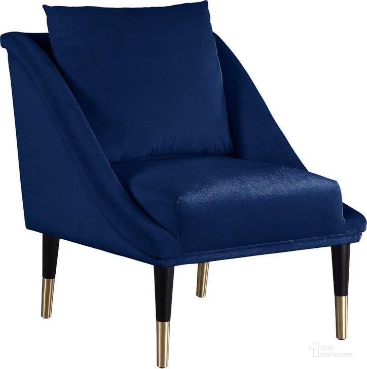 The appearance of Elegante Navy Velvet Accent Chair designed by Meridian in the modern / contemporary interior design. This navy velvet piece of furniture  was selected by 1StopBedrooms from Elegante Collection to add a touch of cosiness and style into your home. Sku: 517Navy-C. Product Type: Accent Chair. Material: Iron. Image1