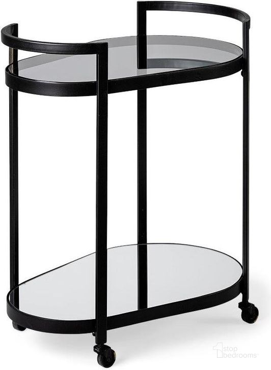 The appearance of Eleonore Black Metal Frame Two-Tier With Glass Shelves Bar Cart designed by Mercana in the modern / contemporary interior design. This black piece of furniture  was selected by 1StopBedrooms from Eleonore Collection to add a touch of cosiness and style into your home. Sku: 68945. Material: Metal. Product Type: Bar Cart. Image1