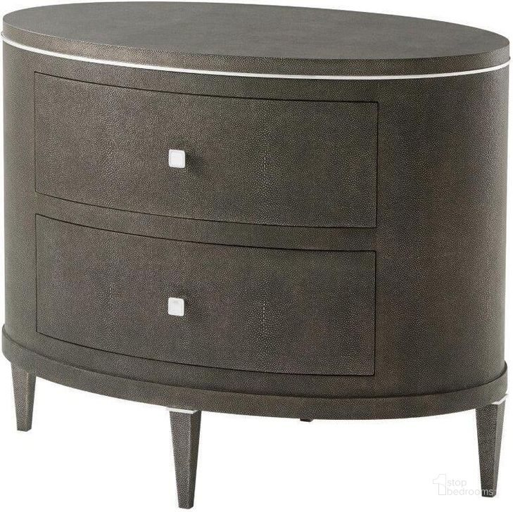 The appearance of Eli Oval Nightstand TAS60016D designed by Theodore Alexander in the transitional interior design. This gray piece of furniture  was selected by 1StopBedrooms from TA Studio Raia Collection to add a touch of cosiness and style into your home. Sku: TAS60016D. Material: Leather. Product Type: Nightstand.
