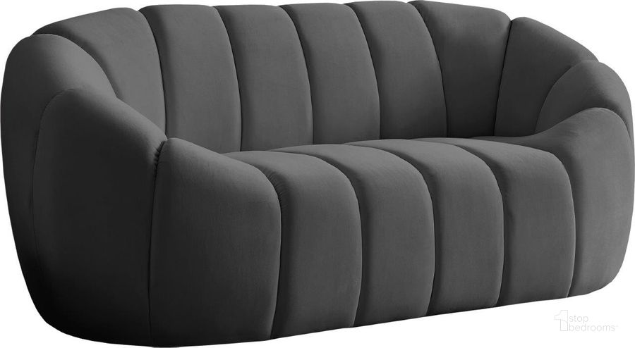 The appearance of Elijah Grey Velvet Loveseat designed by Meridian in the modern / contemporary interior design. This grey velvet piece of furniture  was selected by 1StopBedrooms from Elijah Collection to add a touch of cosiness and style into your home. Sku: 613Grey-L. Product Type: Loveseat. Material: Velvet. Image1