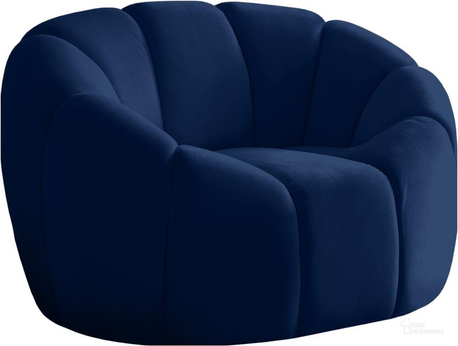 The appearance of Elijah Navy Velvet Chair designed by Meridian in the modern / contemporary interior design. This navy velvet piece of furniture  was selected by 1StopBedrooms from Elijah Collection to add a touch of cosiness and style into your home. Sku: 613Navy-C. Product Type: Chair. Material: Velvet. Image1