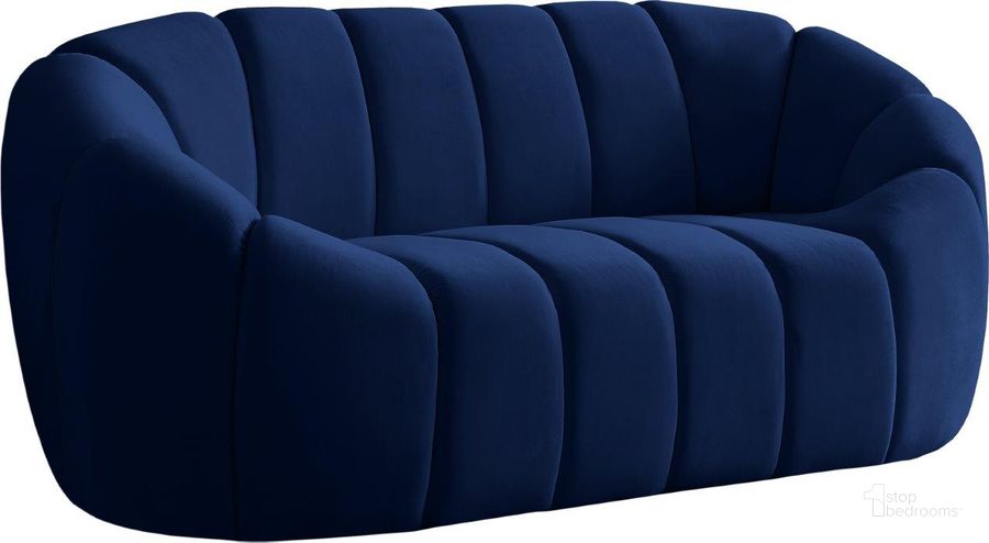 The appearance of Elijah Navy Velvet Loveseat designed by Meridian in the modern / contemporary interior design. This navy velvet piece of furniture  was selected by 1StopBedrooms from Elijah Collection to add a touch of cosiness and style into your home. Sku: 613Navy-L. Product Type: Loveseat. Material: Velvet. Image1