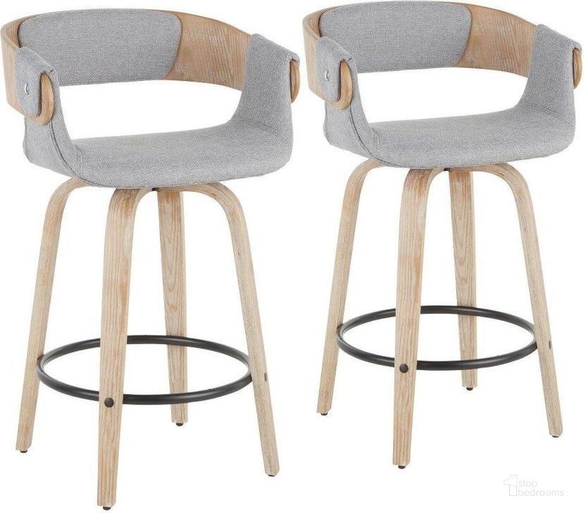 The appearance of Elisa Farmhouse Counter Stool In White Washed Wood And Grey Fabric - Set Of 2 designed by Lumisource in the country / farmhouse interior design. This white piece of furniture  was selected by 1StopBedrooms from Elisa Collection to add a touch of cosiness and style into your home. Sku: B26-ELISA2-SWVR WWGY2. Material: Fabric. Product Type: Barstool. Image1