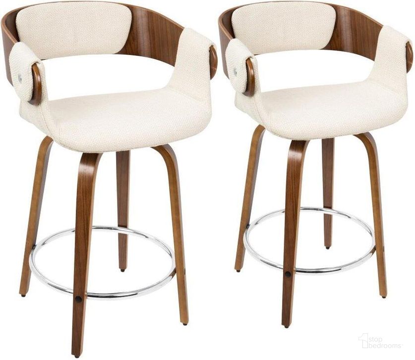 The appearance of Elisa Mid-Century Modern Counter Stool In Walnut And Cream Fabric - Set Of 2 designed by Lumisource in the transitional interior design. This walnut piece of furniture  was selected by 1StopBedrooms from Elisa Collection to add a touch of cosiness and style into your home. Sku: B24-ELISA2-SWVR WLCR2. Material: Fabric. Product Type: Barstool. Image1