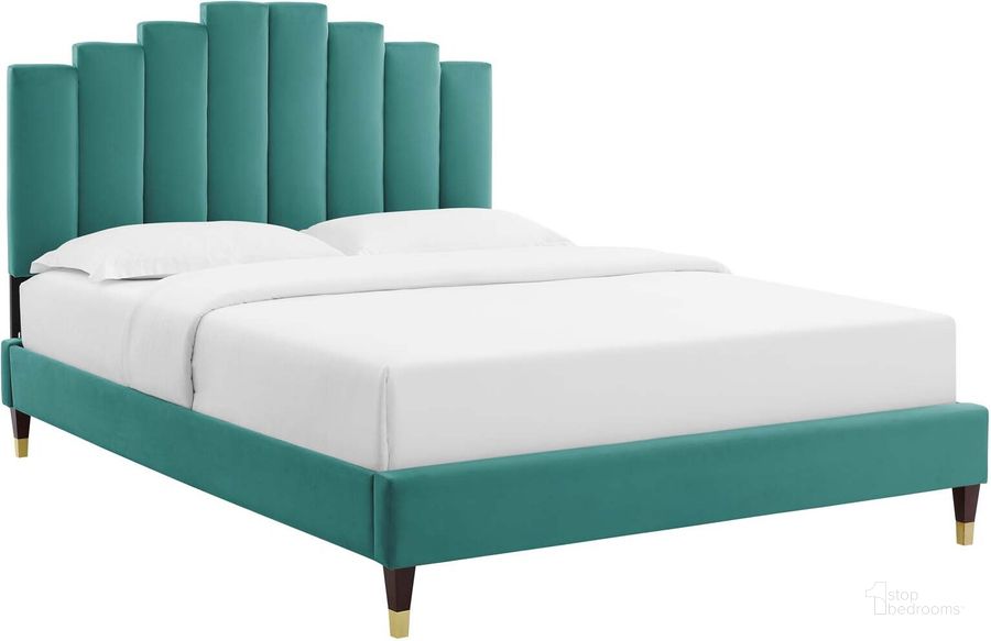 The appearance of Elise Full Performance Velvet Platform Bed In Teal MOD-6874-TEA designed by Modway in the modern / contemporary interior design. This teal piece of furniture  was selected by 1StopBedrooms from Elise Collection to add a touch of cosiness and style into your home. Sku: MOD-6874-TEA. Bed Type: Platform Bed. Product Type: Platform Bed. Bed Size: Full. Material: MDF. Image1