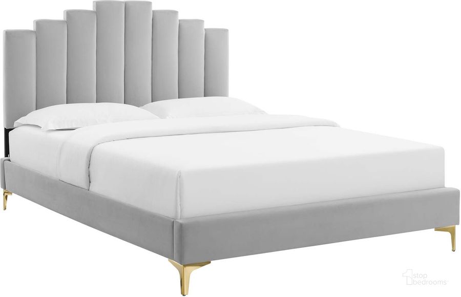 The appearance of Elise King Performance Velvet Platform Bed In Light Gray designed by Modway in the modern / contemporary interior design. This light gray piece of furniture  was selected by 1StopBedrooms from Elise Collection to add a touch of cosiness and style into your home. Sku: MOD-6881-LGR. Bed Type: Platform Bed. Product Type: Platform Bed. Bed Size: King. Material: MDF. Image1