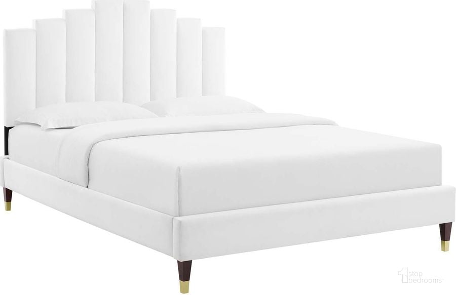 The appearance of Elise King Performance Velvet Platform Bed In White MOD-6875-WHI designed by Modway in the modern / contemporary interior design. This white piece of furniture  was selected by 1StopBedrooms from Elise Collection to add a touch of cosiness and style into your home. Sku: MOD-6875-WHI. Bed Type: Platform Bed. Product Type: Platform Bed. Bed Size: King. Material: MDF. Image1