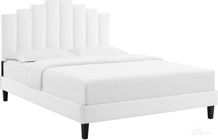 The appearance of Elise King Performance Velvet Platform Bed In White MOD-6878-WHI designed by Modway in the modern / contemporary interior design. This white piece of furniture  was selected by 1StopBedrooms from Elise Collection to add a touch of cosiness and style into your home. Sku: MOD-6878-WHI. Bed Type: Platform Bed. Product Type: Platform Bed. Bed Size: King. Material: MDF. Image1