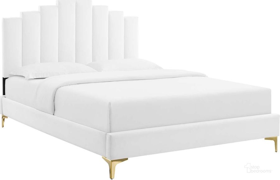 The appearance of Elise King Performance Velvet Platform Bed In White designed by Modway in the modern / contemporary interior design. This white piece of furniture  was selected by 1StopBedrooms from Elise Collection to add a touch of cosiness and style into your home. Sku: MOD-6881-WHI. Bed Type: Platform Bed. Product Type: Platform Bed. Bed Size: King. Material: MDF. Image1