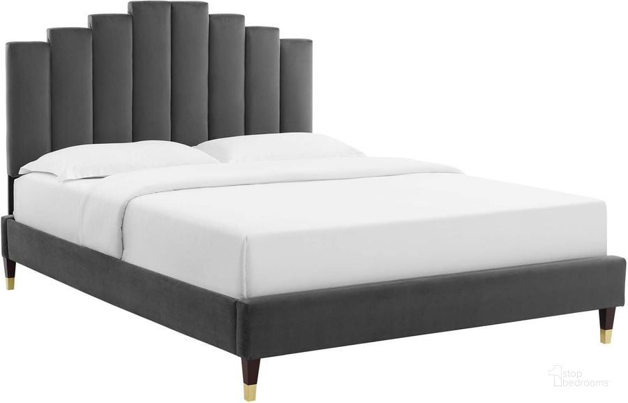 The appearance of Elise Queen Performance Velvet Platform Bed In Charcoal MOD-6691-CHA designed by Modway in the modern / contemporary interior design. This charcoal piece of furniture  was selected by 1StopBedrooms from Elise Collection to add a touch of cosiness and style into your home. Sku: MOD-6691-CHA. Bed Type: Platform Bed. Material: Polyester. Product Type: Platform Bed. Bed Size: Queen. Image1