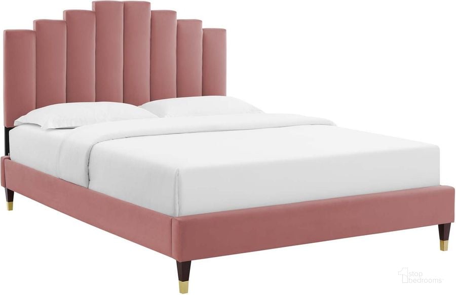 The appearance of Elise Queen Performance Velvet Platform Bed In Dusty Rose MOD-6691-DUS designed by Modway in the modern / contemporary interior design. This dusty rose piece of furniture  was selected by 1StopBedrooms from Elise Collection to add a touch of cosiness and style into your home. Sku: MOD-6691-DUS. Bed Type: Platform Bed. Material: Polyester. Product Type: Platform Bed. Bed Size: Queen. Image1
