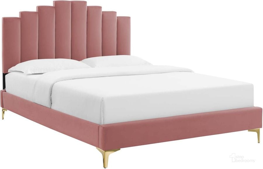 The appearance of Elise Queen Performance Velvet Platform Bed In Dusty Rose designed by Modway in the modern / contemporary interior design. This dusty rose piece of furniture  was selected by 1StopBedrooms from Elise Collection to add a touch of cosiness and style into your home. Sku: MOD-6693-DUS. Bed Type: Platform Bed. Material: Polyester. Product Type: Platform Bed. Bed Size: Queen. Image1