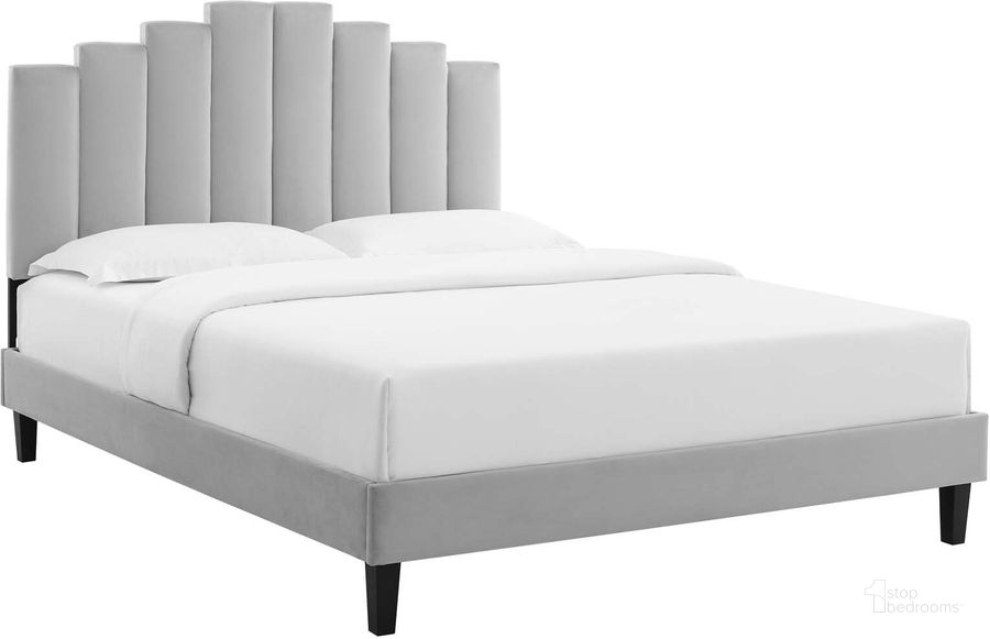 The appearance of Elise Queen Performance Velvet Platform Bed In Light Gray MOD-6692-LGR designed by Modway in the modern / contemporary interior design. This light gray piece of furniture  was selected by 1StopBedrooms from Elise Collection to add a touch of cosiness and style into your home. Sku: MOD-6692-LGR. Bed Type: Platform Bed. Material: Polyester. Product Type: Platform Bed. Bed Size: Queen. Image1