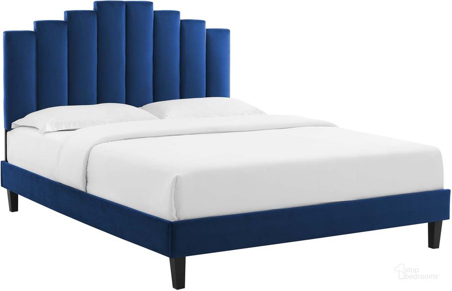 The appearance of Elise Queen Performance Velvet Platform Bed In Navy MOD-6692-NAV designed by Modway in the modern / contemporary interior design. This navy piece of furniture  was selected by 1StopBedrooms from Elise Collection to add a touch of cosiness and style into your home. Sku: MOD-6692-NAV. Bed Type: Platform Bed. Material: Polyester. Product Type: Platform Bed. Bed Size: Queen. Image1