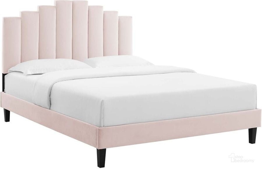 The appearance of Elise Queen Performance Velvet Platform Bed In Pink designed by Modway in the modern / contemporary interior design. This pink piece of furniture  was selected by 1StopBedrooms from Elise Collection to add a touch of cosiness and style into your home. Sku: MOD-6692-PNK. Bed Type: Platform Bed. Product Type: Platform Bed. Bed Size: Queen. Material: MDF. Image1
