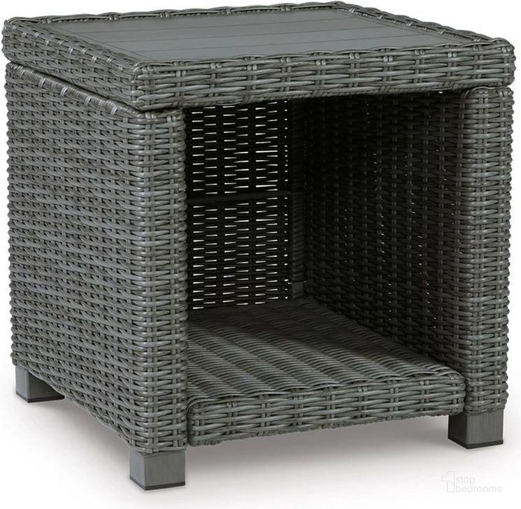 The appearance of Elite Park Gray Square End Table designed by Signature Design by Ashley in the transitional interior design. This gray piece of furniture  was selected by 1StopBedrooms from Elite Park Collection to add a touch of cosiness and style into your home. Sku: P518-702. Product Type: Outdoor Table. Image1