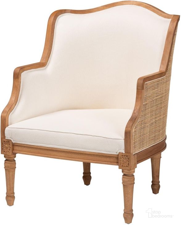The appearance of Elizette French Accent Chair In Beige designed by Baxton Studio in the transitional interior design. This beige piece of furniture  was selected by 1StopBedrooms from Elizette Collection to add a touch of cosiness and style into your home. Sku: SEA689-Light wood-NAT01/White-F00. Material: Wood. Product Type: Accent Chair. Image1