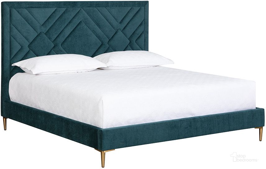 The appearance of Elizio King Bed In Danny Teal designed by Sunpan in the transitional interior design. This teal piece of furniture  was selected by 1StopBedrooms from Elizio Collection to add a touch of cosiness and style into your home. Sku: 108444. Bed Type: Platform Bed. Material: Fabric. Product Type: Platform Bed. Bed Size: King. Image1