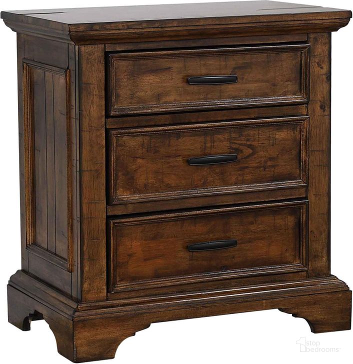 The appearance of Elk Grove Vintage Bourbon 3 Drawer Nightstand designed by Coaster in the rustic / southwestern interior design. This brown piece of furniture  was selected by 1StopBedrooms from Elk Grove Collection to add a touch of cosiness and style into your home. Sku: 203892. Material: Wood. Product Type: Nightstand. Image1