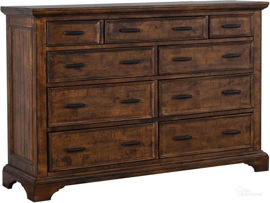 The appearance of Elk Grove Vintage Bourbon 9 Drawer Dresser designed by Coaster in the rustic / southwestern interior design. This brown piece of furniture  was selected by 1StopBedrooms from Elk Grove Collection to add a touch of cosiness and style into your home. Sku: 203893. Material: Wood. Product Type: Dresser. Image1