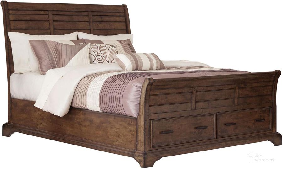 The appearance of Elk Grove Vintage Bourbon King Storage Sleigh Bed designed by Coaster in the rustic / southwestern interior design. This brown piece of furniture  was selected by 1StopBedrooms from Elk Grove Collection to add a touch of cosiness and style into your home. Sku: 203891KEB1;203891KEB2;203891KEB3. Bed Type: Storage Bed. Material: Wood. Product Type: Storage Bed. Bed Size: King. Image1