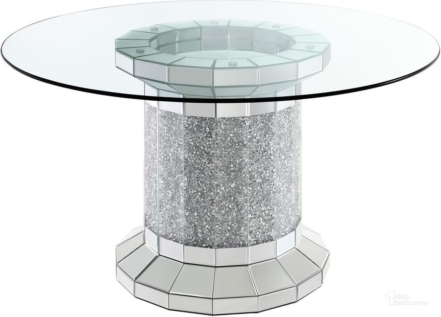 The appearance of Ellie Cylinder Pedestal Glass Top Dining Table In Mirror designed by Coaster in the glam interior design. This mirror piece of furniture  was selected by 1StopBedrooms from Ellie Collection to add a touch of cosiness and style into your home. Sku: 115551B1;CP52RD-12. Material: Glass. Product Type: Dining Table. Size: 52". Image1