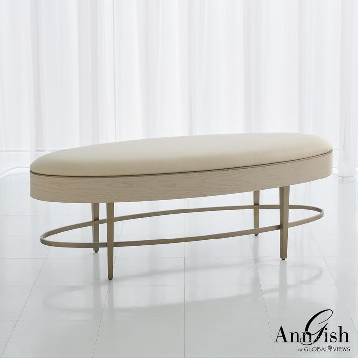 The appearance of Ellipse Bench In Ivory designed by Global Views in the modern / contemporary interior design. This ivory piece of furniture  was selected by 1StopBedrooms from Ellipse Collection to add a touch of cosiness and style into your home. Sku: AG2.20013. Product Type: Bench. Material: Stainless Steel. Image1