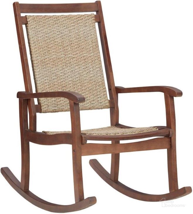 The appearance of Emani Brown and Natural Outdoor Rocking Chair designed by Signature Design by Ashley in the transitional interior design. This brown and natural piece of furniture  was selected by 1StopBedrooms from Emani Collection to add a touch of cosiness and style into your home. Sku: P168-827. Product Type: Outdoor Chair. Image1