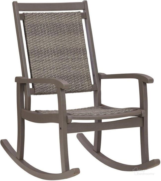 The appearance of Emani Gray Outdoor Rocking Chair designed by Signature Design by Ashley in the transitional interior design. This gray piece of furniture  was selected by 1StopBedrooms from Emani Collection to add a touch of cosiness and style into your home. Sku: P168-828. Product Type: Outdoor Chair. Image1